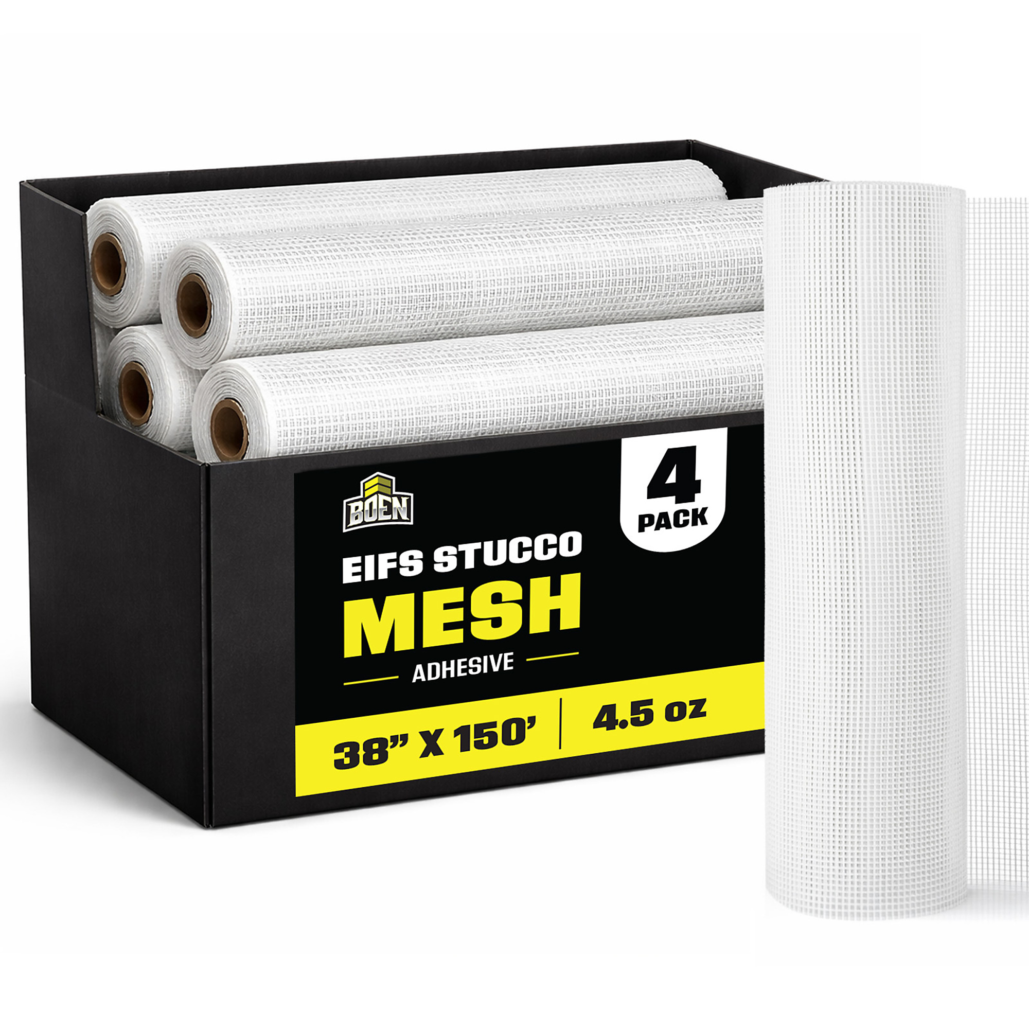 Boen EIFS Stucco Mesh, 38 in x 150 ft, 4.5oz, Reinforcement Fiberglass Mesh, Self Adhesive, 4-Pack
